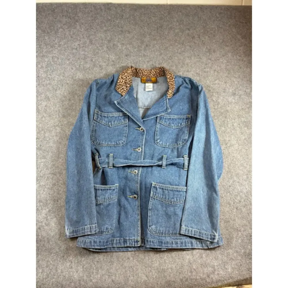 VTG Baccini Denim Jacket Womens Medium Leopard Collar Belted Chore Barn 90s Y2K - Picture 3 of 7